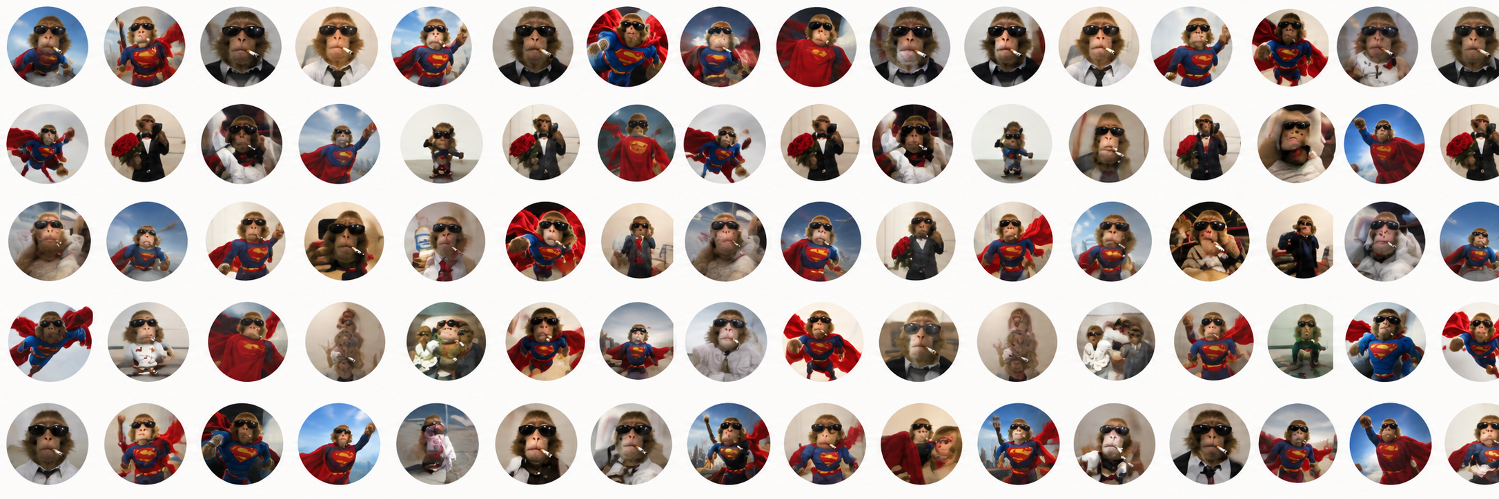 A mosaic of dozens of circular Arthur and Super Arthur profile snapshots: suits, ties, sunglasses, cigarettes and red capes on a light background
